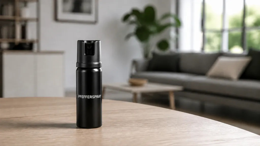 Schwarze Pfefferspraydose auf einem Tisch in einem Wohnraum